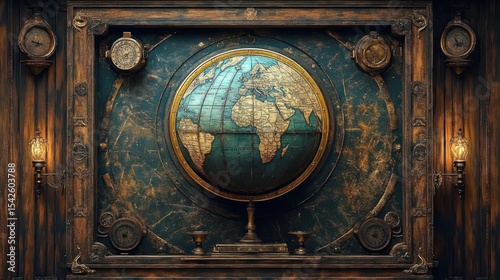 Antique globe showcasing Africa and Europe surrounded by vintage gauges and warm lighting in a rustic wooden frame evoking a historical and exploratory atmosphere