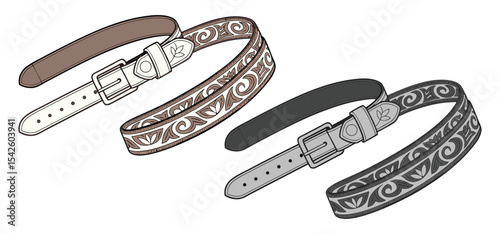 Detailed illustration showcases three different leather belts with decorative designs and classic buckle closures for use.