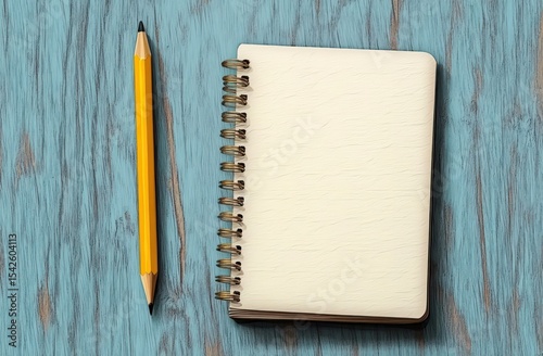 yellow double-ended pencil next to a spiral-bound blank notebook on a textured blue wooden surface