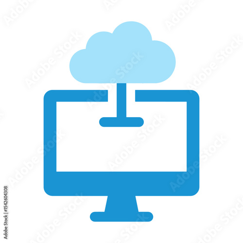A blue computer monitor is connected to a light blue cloud through a vertical rectangle