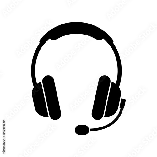 A black silhouette of a headset featuring a cushioned headband earcups and a microphone