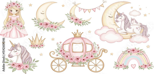 Watercolor illustrations of a princess and unicorn surrounded by Flowers. drawing in pastel pink colors with crown and carriage for kids birthday greeting cards or baby showers invitations.