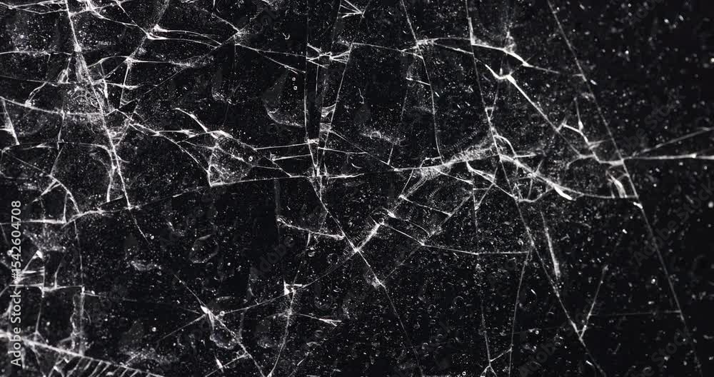 water droplets covered glass with a lot of damage and pieces on a black background, wet thin glass broken into many pieces