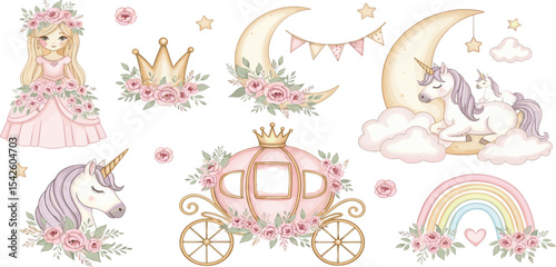 Watercolor illustrations of a princess and unicorn surrounded by Flowers. drawing in pastel pink colors with crown and carriage for kids birthday greeting cards or baby showers invitations.