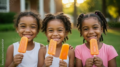 Sunlit smiles: Three young girls enjoy orange popsicles in front of a house.