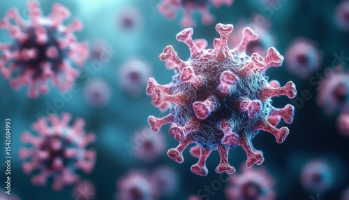 Close-up 3D illustration of virus particles with spike proteins glowing in red and blue against a blurred background