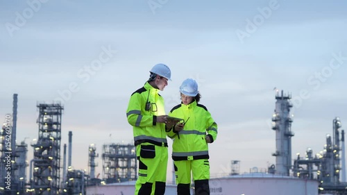 Team of Industrial Workers with Tablet, Engineers Collaborating at Manufacturing Plant, Engineers Reviewing Plans at Industrial Site at Dusk