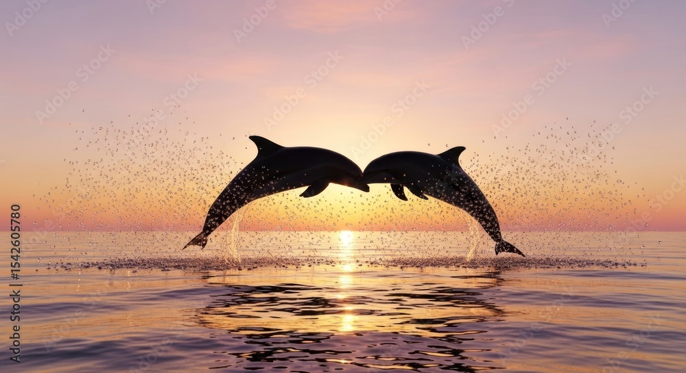 Fototapeta premium Two dolphins leaping out of the water at sunset with a golden sky reflecting on the ocean surface