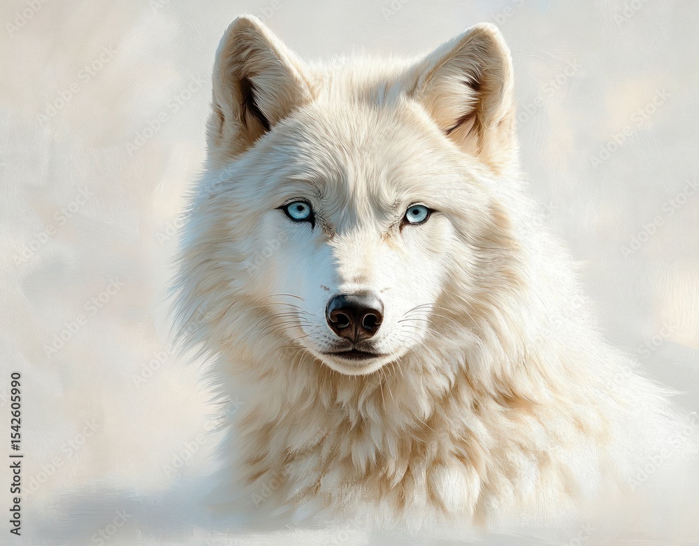 Fototapeta premium Close-up of a white wolf with piercing blue eyes and thick fur looking directly forward with a calm and intense expression