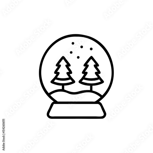 Line Art Illustration of a Handmade Winter Snow Globe with Two Evergreen Trees and Falling Snowflakes