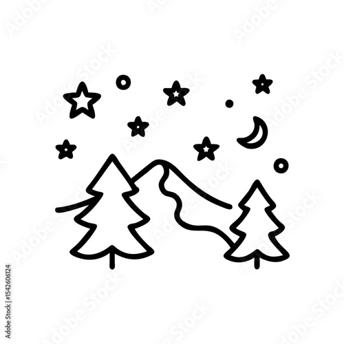 Nighttime Winter Scene with Two Pine Trees Mountain and Stars Handmade Line Art Illustration