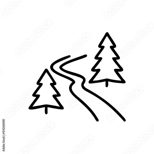 Black Line Drawing Winter Scene Two Pine Trees Curving River Path Handmade Illustration