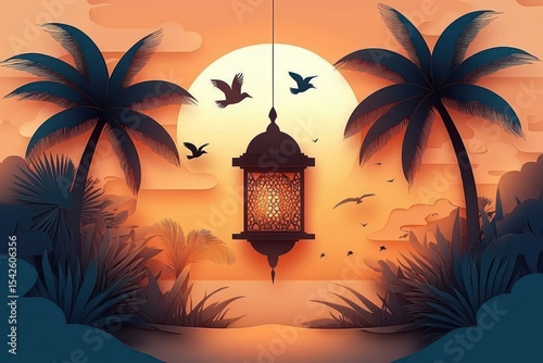 Silhouettes of palm trees and tropical plants with birds flying in the sunset sky around an ornate hanging lantern against a large glowing sun