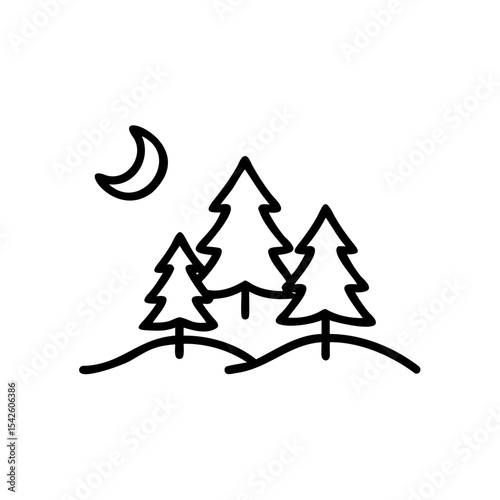 Three Pine Trees Night Scene Crescent Moon Handmade Winter Illustration Black Line Art Simple Design