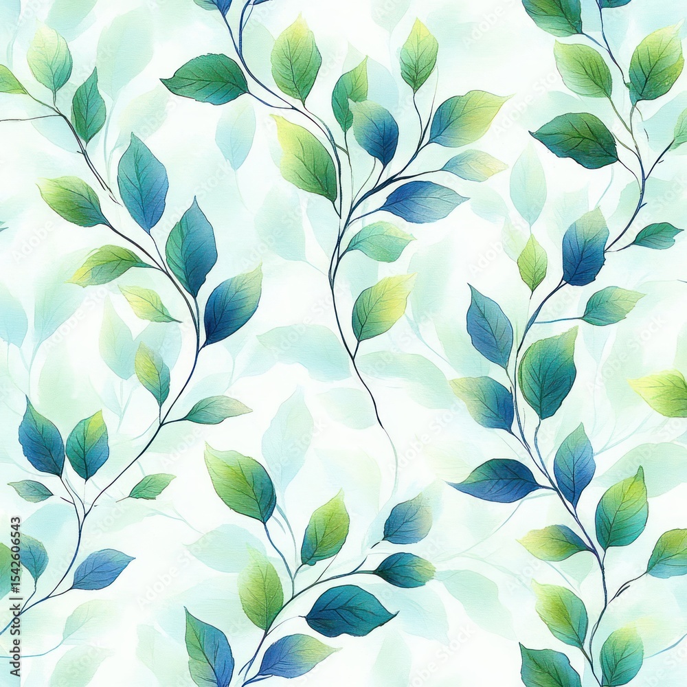 Seamless pattern of delicate blue and green leaves on thin black branches with soft blurred light background creating a fresh and calming atmosphere Seamless pattern of delicate blue and green leaves on thin black branches with soft blurred light background creating a fresh and calming atmosphere
