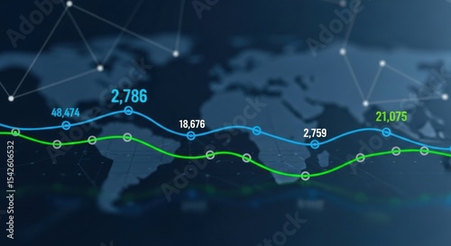 Abstract world map background with data charts and connections showing global market trends analysis