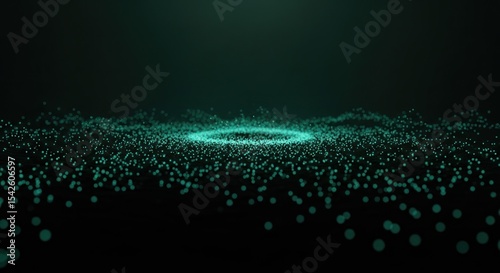 A dark background with teal particles forming a circular ripple effect in the center of the image