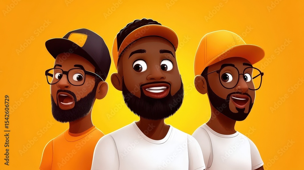 Fototapeta premium Three Happy Diverse Cartoon Men Friends