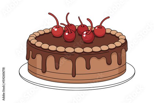 Chocolate cake with cherries flat vector dessert illustration design

