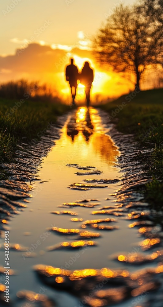 Fototapeta premium Golden sunset path reflection. Two figures walk a muddy path reflecting in a puddle