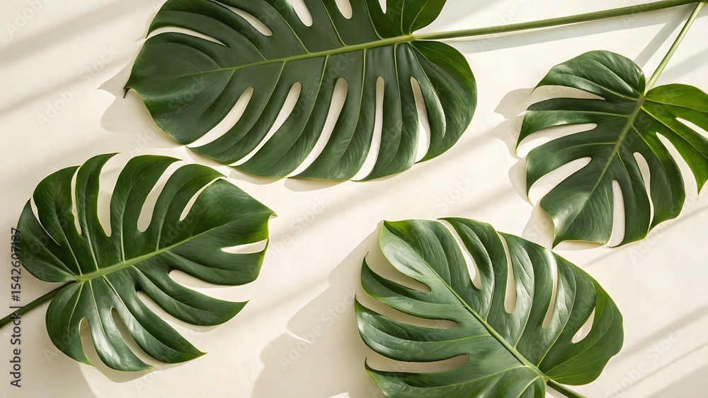 Fototapeta premium Monstera Deliciosa Tropical Green Leaves Flat Lay on Light Background with Natural Shadows, Minimalist Botanical Plant Composition for Branding, Packaging, and Product Design