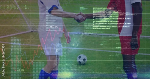 Soccer players shifting stance, starting sports data overlay and shaking hands showing fair play