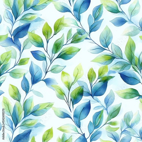 Seamless pattern of watercolor green and blue leaves on white background creating a fresh and calming botanical design