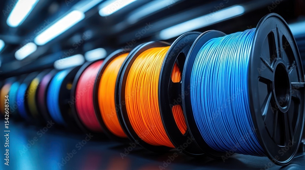 Obraz premium Multiple colorful spools of 3D printing filament lined up on a reflective surface under bright overhead lighting, showcasing vibrant blue, orange, red, and other colors