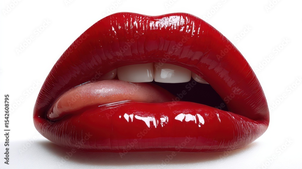 Obraz premium A hyper-realistic close-up photo of wide red lips slightly parted, with a moist tongue peeking to the left, glossy texture, isolated on a pure white background