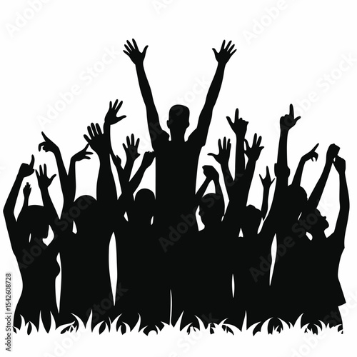 Silhouetted crowd of people with raised hands celebrating success and enjoyment on white background.