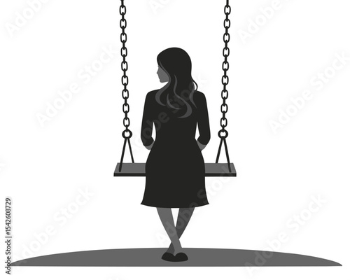 Woman sitting alone on a swing in a minimalist black and white vector illustration.