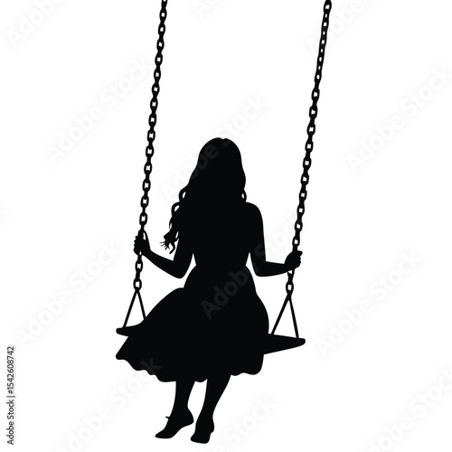 Silhouette of a young woman enjoying a swing against a pure white background.
