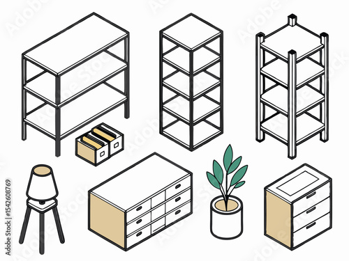 Isometric illustration of various furnishing elements featuring shelves dressers lamp and plant pot.