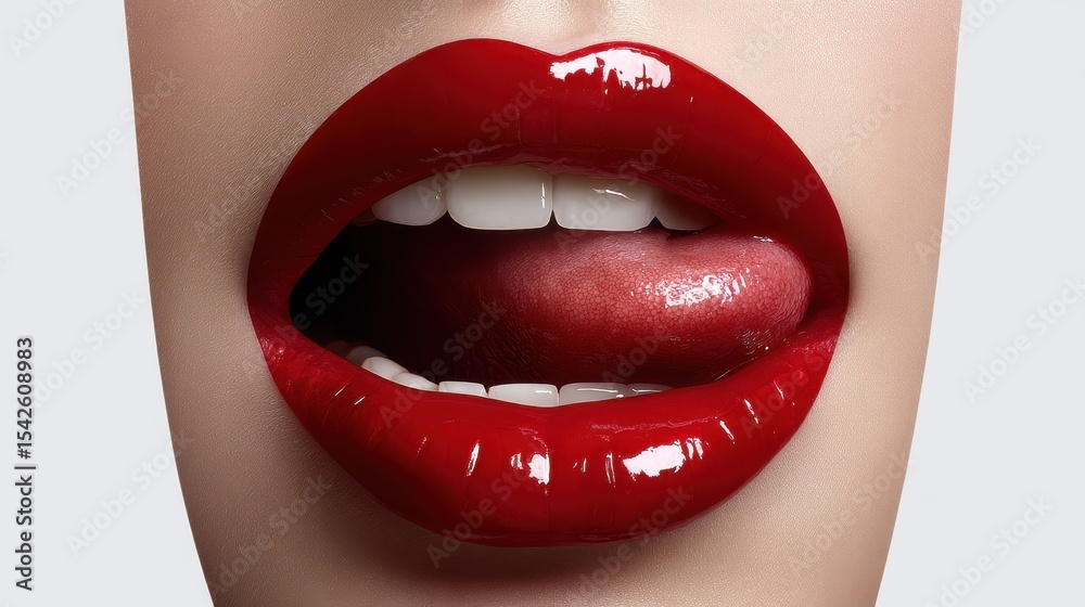 Obraz premium Dramatic red lips wide open with tongue out to the left, macro texture, intense realism, professional lighting on white background