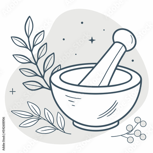 Mortar and pestle surrounded by leaves in minimal line art style  