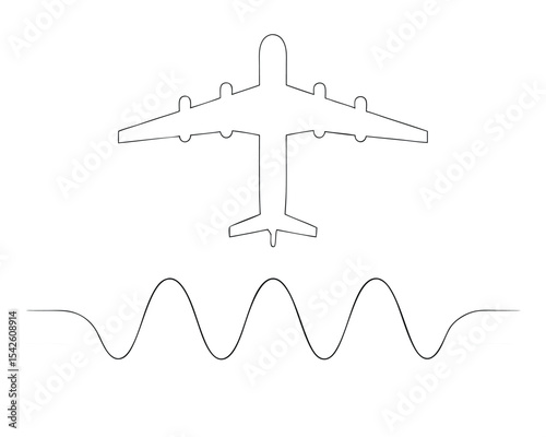 Simple black line airplane with flight path illustration on white background.