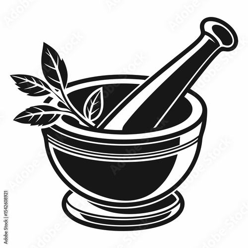 Black mortar and pestle with leaves in vintage style  