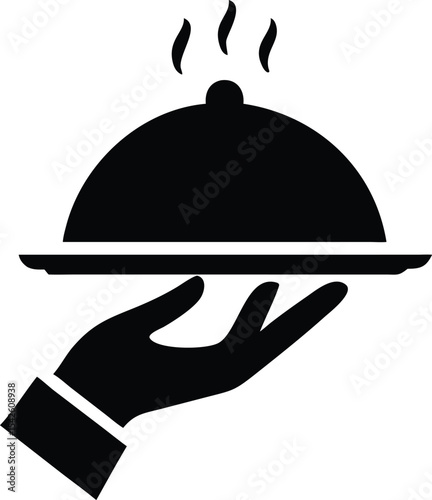 Server's hand holding hot food serving dish with steam icon in silhouette. person, stick figure, spear, throwing, launch.