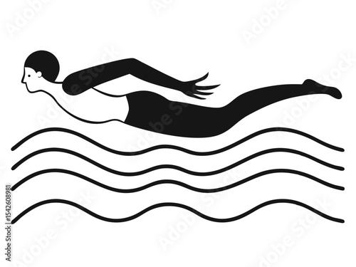 Minimalist illustration of a swimmer in butterfly stroke swimming through wavy water.