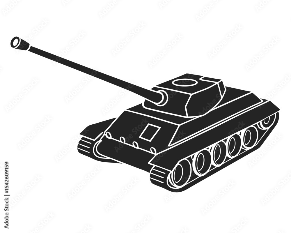 Fototapeta premium Black silhouette illustration of a modern tank with extended cannon on white background.