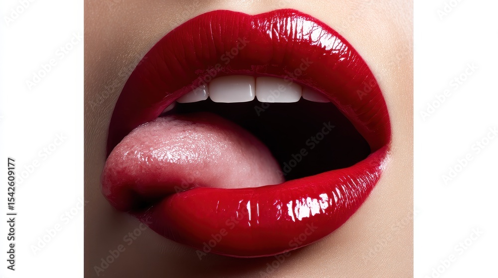 Obraz premium Lifelike photo of expressive red lips, tongue sticking left, subtle lighting and sharp texture, against a flawless white background