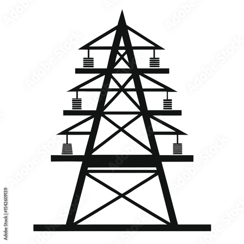 A stylized black and white illustration of an electricity pylon against a bright background.