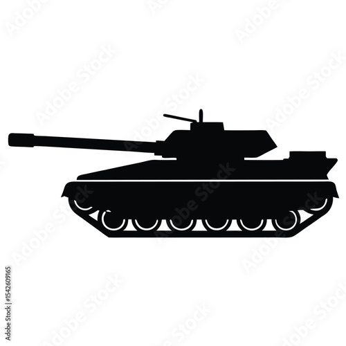 Black silhouette illustration of a modern military tank isolated on a white background.
