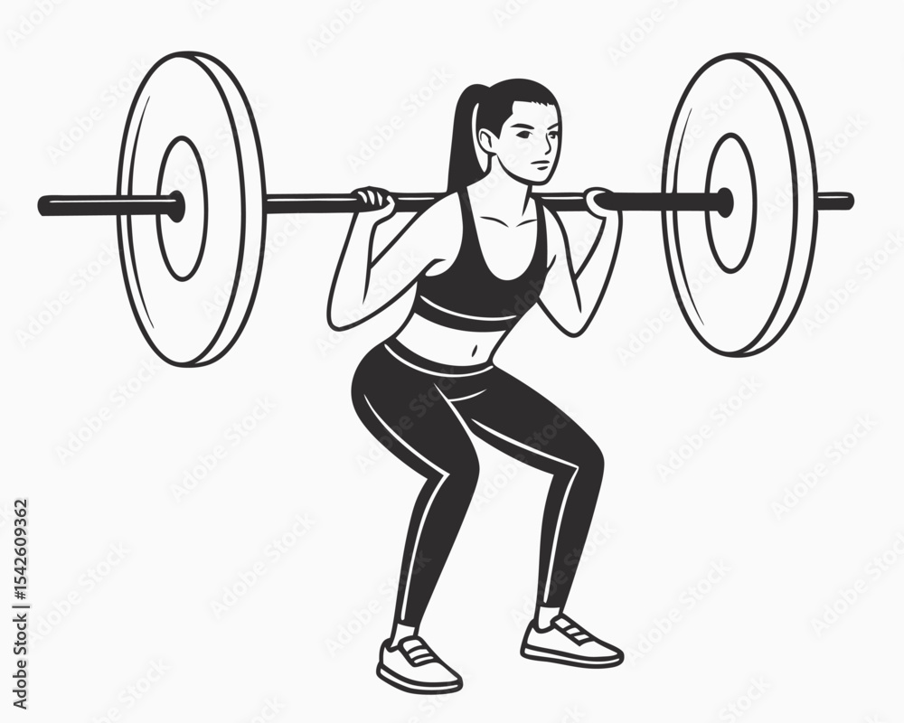 Obraz premium Athletic woman performing barbell squats in a black and white fitness illustration.