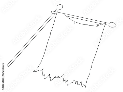 Outline illustration of a torn and tattered flag on a wooden pole banner.