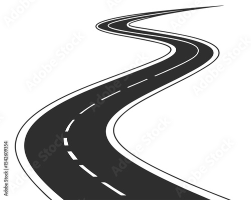 Winding road illustration with dashed center lines isolated on a clean white background.