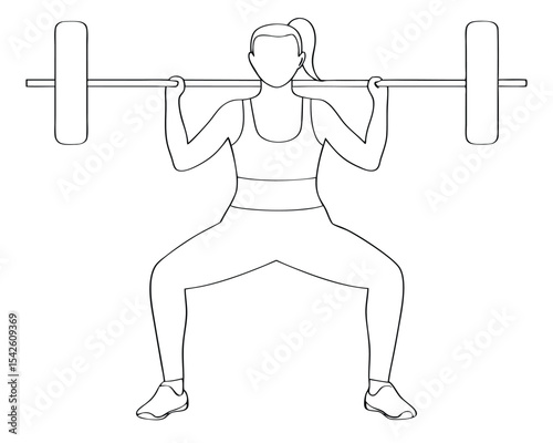 Female athlete performing a barbell squat exercise in a vector line art illustration.
