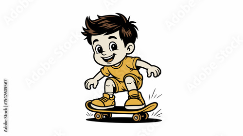 A Cheerful Cartoon Boy Is Depicted Riding A Skateboard In A Dynamic Pose.