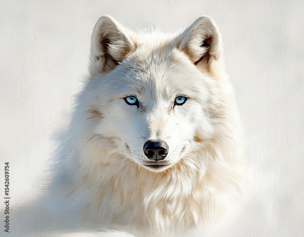 Fototapeta premium Close-up of a majestic white wolf with piercing blue eyes staring intently, showcasing its thick fur and alert ears against a plain light background