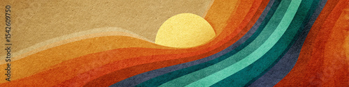Abstract landscape with textured layers of earth tones and a stylized yellow sun